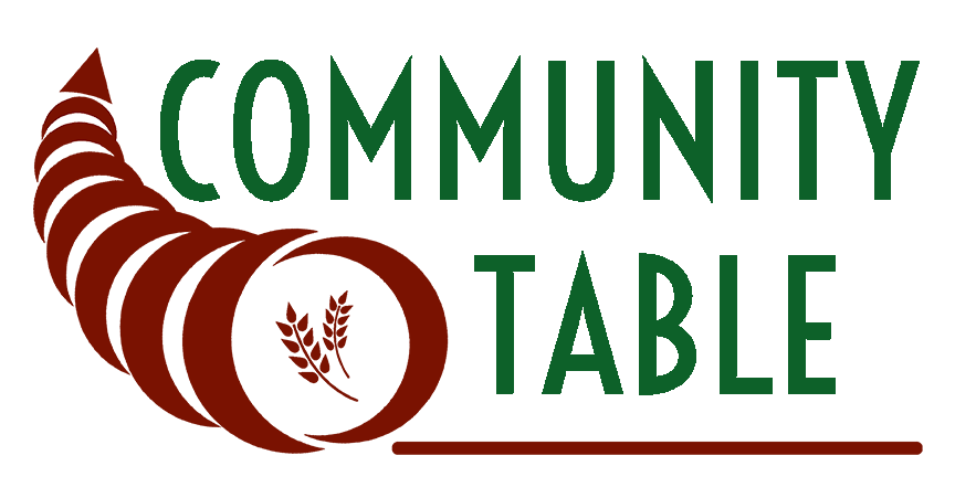 Community Table Logo - Red cornucopia with green words that read Community Table