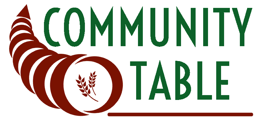 Community Table Logo - Red cornucopia with green words that read Community Table